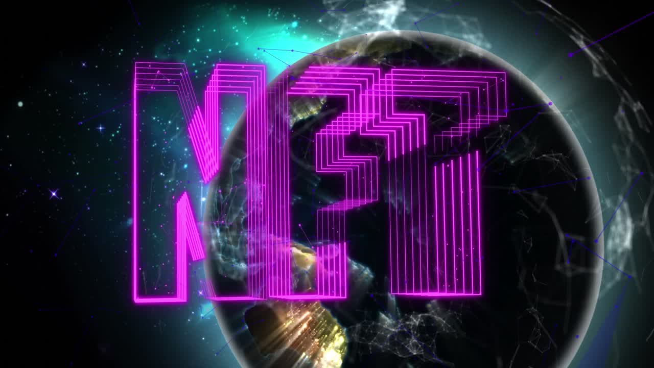 animación del texto de nft en púrpura sobre el globo