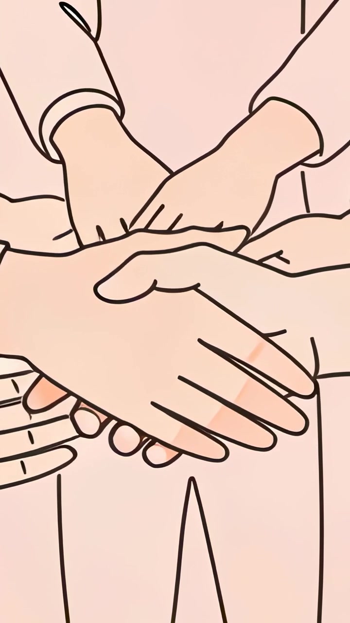 Vertical video: Reaching hands meeting center on peach, clasping handshake sealing unity in suits