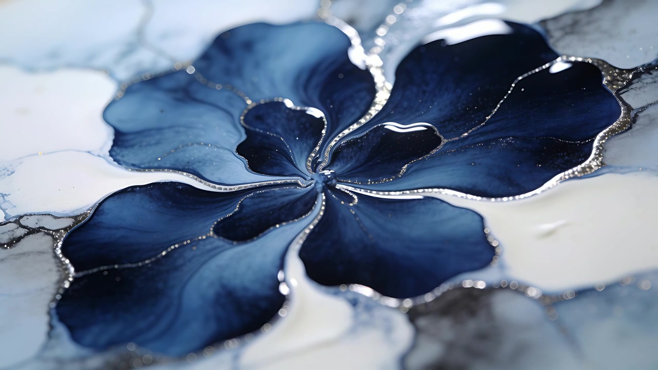 Un vortice si forma, fluido blu intenso che modella petali su una superficie di marmo, con venature argentate che si creano mescolandosi.