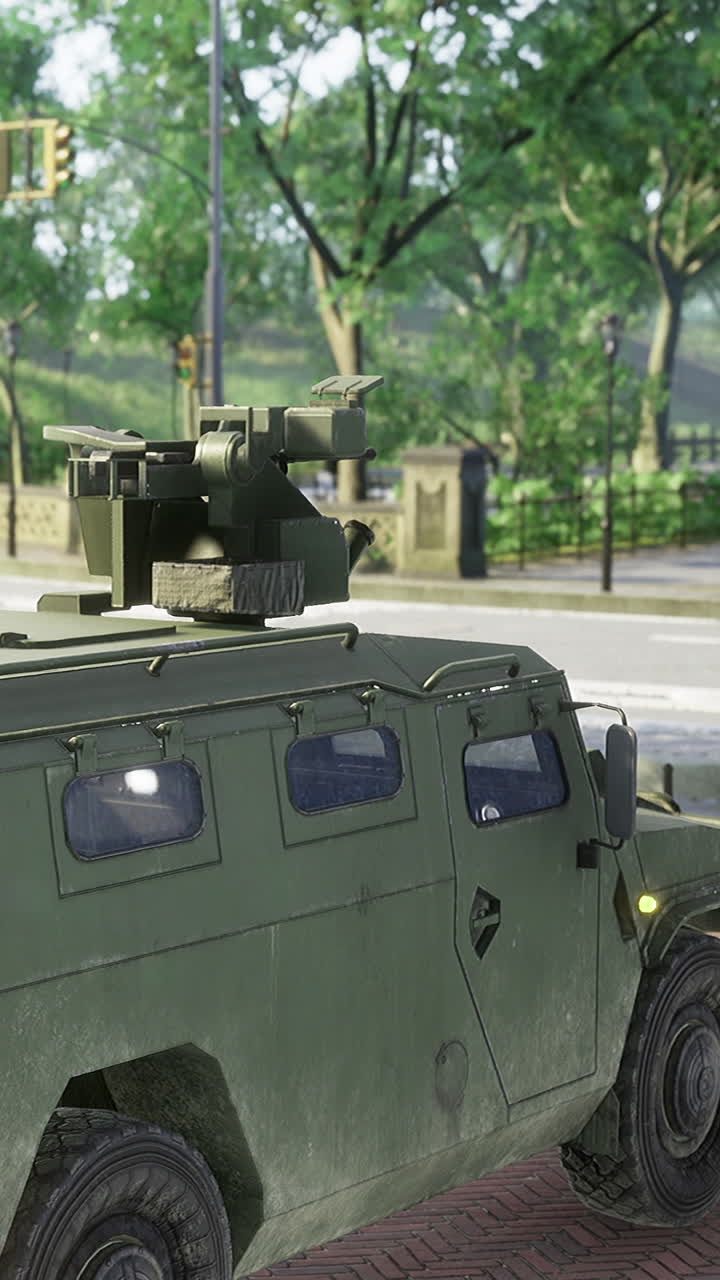 Military vehicle parked on a street near a park during daytime