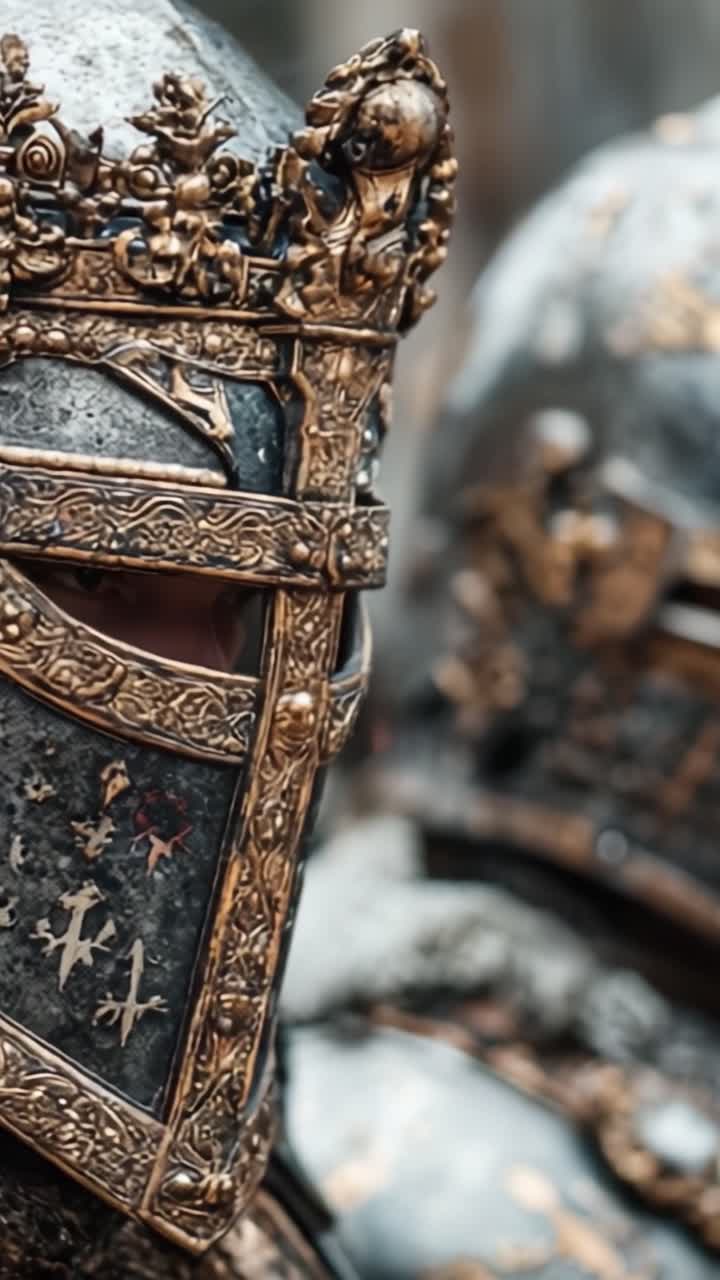 Detailreiche Nahaufnahme einer verzierten mittelalterlichen Rüstung, die detaillierte Helme und reiche Metallarbeiten zeigt und Tapferkeit sowie historische Kriegsführung in einer fesselnden Darstellung symbolisiert.