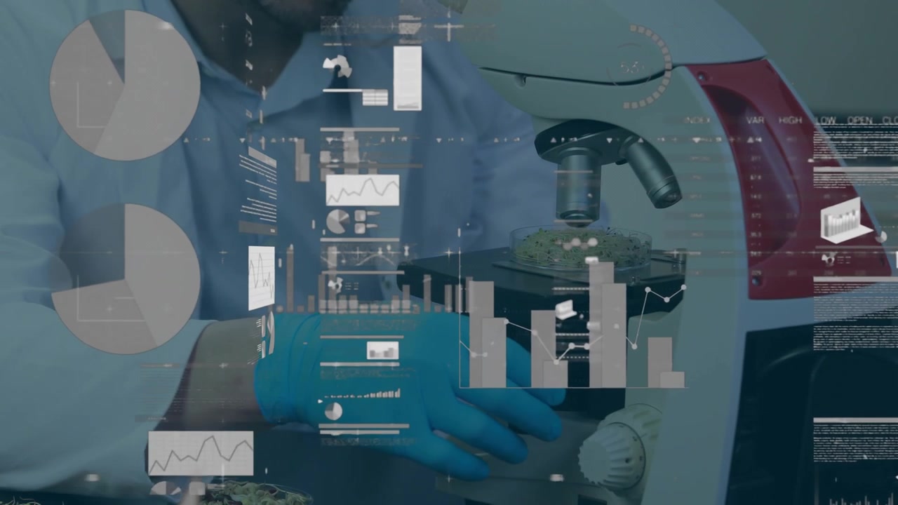 Vertical video: Gloved hand reaching researcher adjusting slide and focusing while HUD showing data