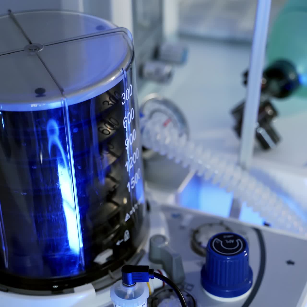 Ventilator during an operation. The movement of artificial lung ventilation in hospital. Pneumonia and tuberculosis. Covid 19. Close-up.