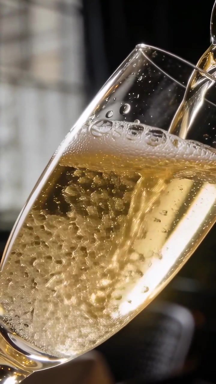 Video verticale: Versamento da beccuccio di bottiglia che riempie un flûte di champagne inclinato al bar, con vino spumante che fa le bollicine.