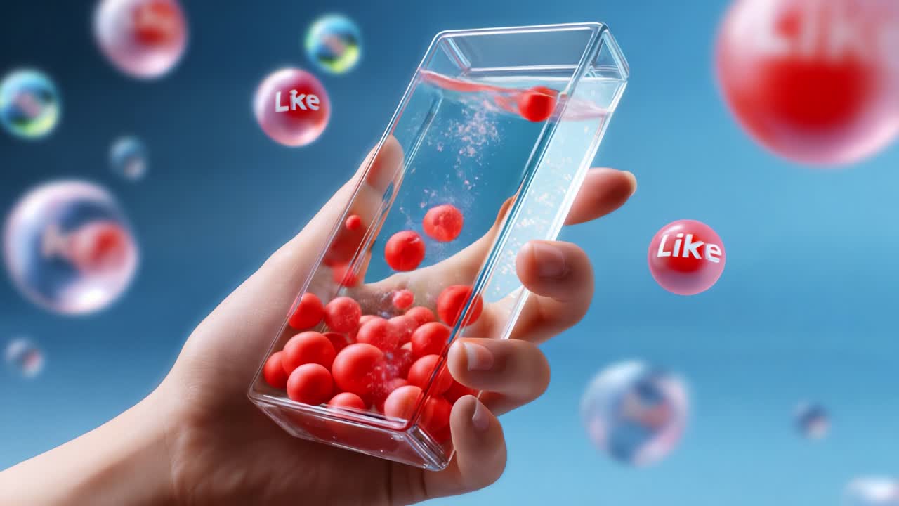 A clear container filled with floating red spheres in water, showcasing a hand holding it, surrounded by glossy bubbles that feature the word 'Like', symbolizing engagement and interaction