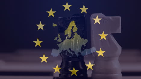 stars spinning over eu map against two chess pieces in background