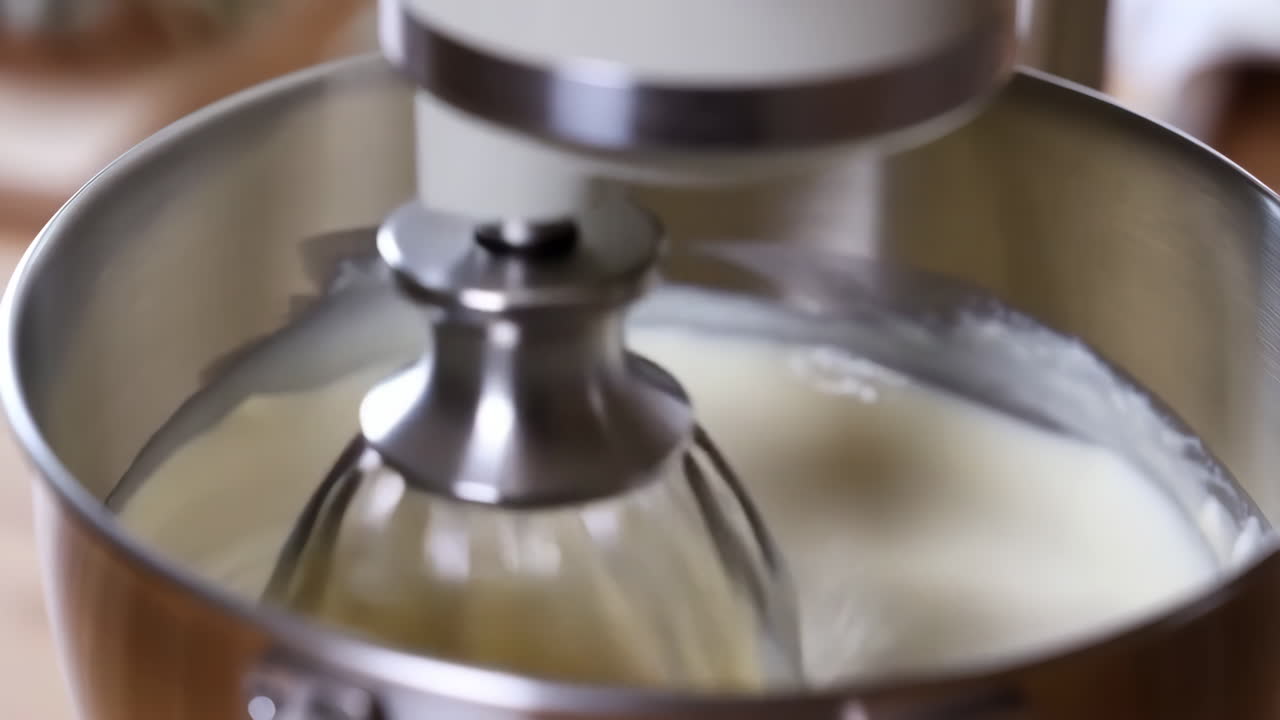 A stand mixer whisking ingredients in a metal bowl