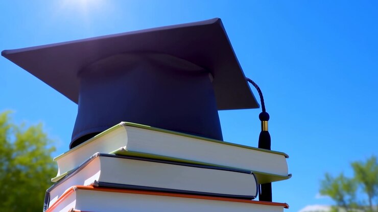 L'inquadratura centrale mostra un tocco di laurea appoggiato su una pila vivace di libri con copertina rigida e brossura all'aperto sotto un cielo azzurro brillante.