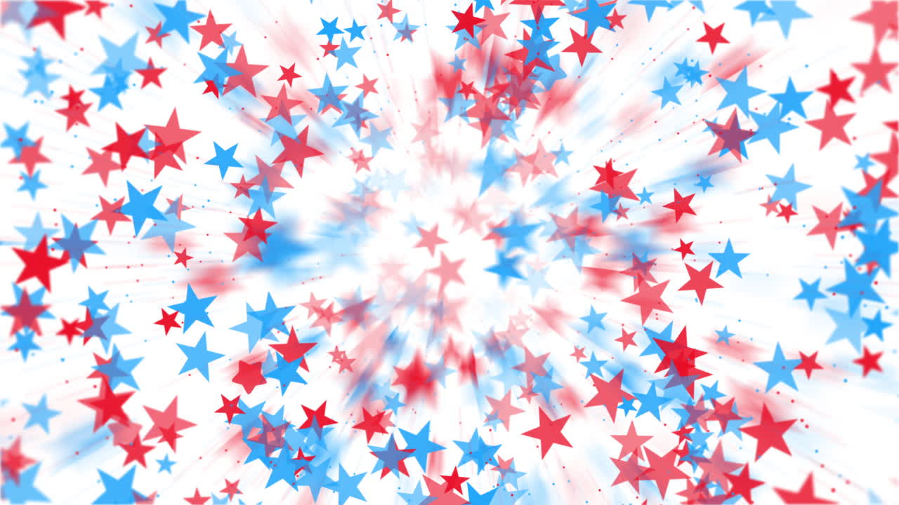 Red and blue stars float on a white background. Explosive salute. Looped holiday animation for USA.