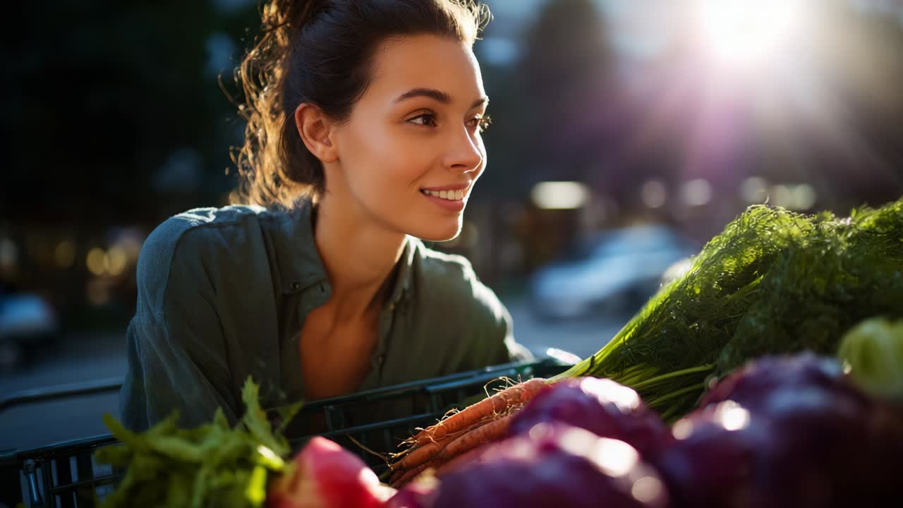 Un momento de alegría en el mercado: una joven disfruta de productos frescos a la luz de la hora dorada, cerca de un carro lleno de coloridas verduras, lo que enfatiza un estilo de vida vibrante y saludable
