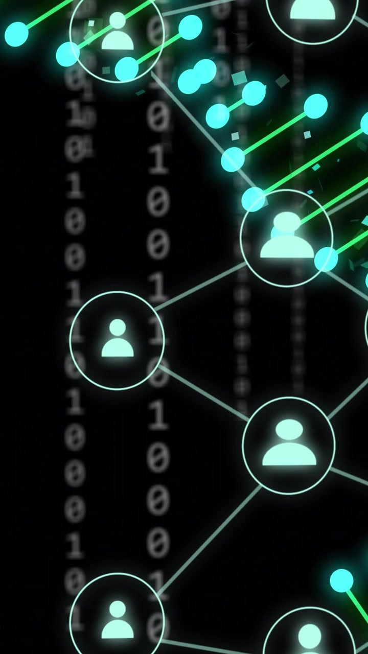 Animation of dna strands and newtork of connections over data processing on black background