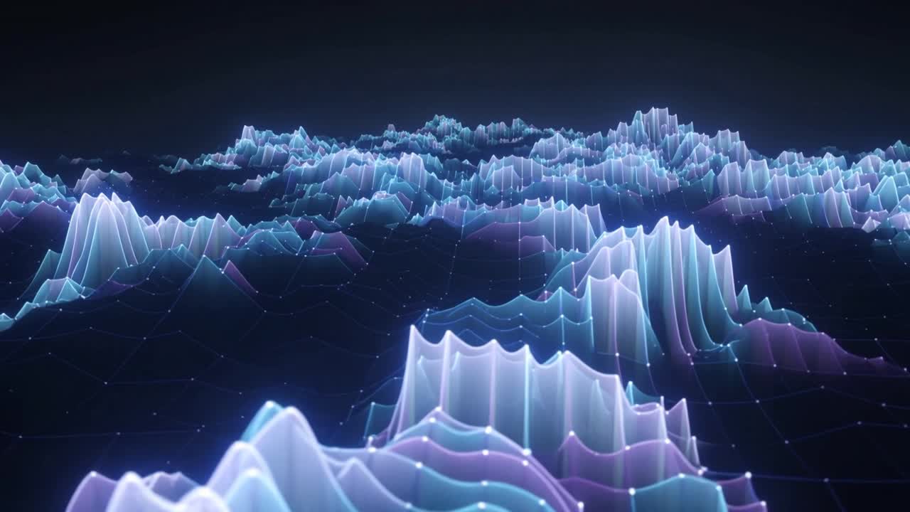 Shifting glowing mesh terrain in dark void waving as camera advancing, pulsing nodes and specks