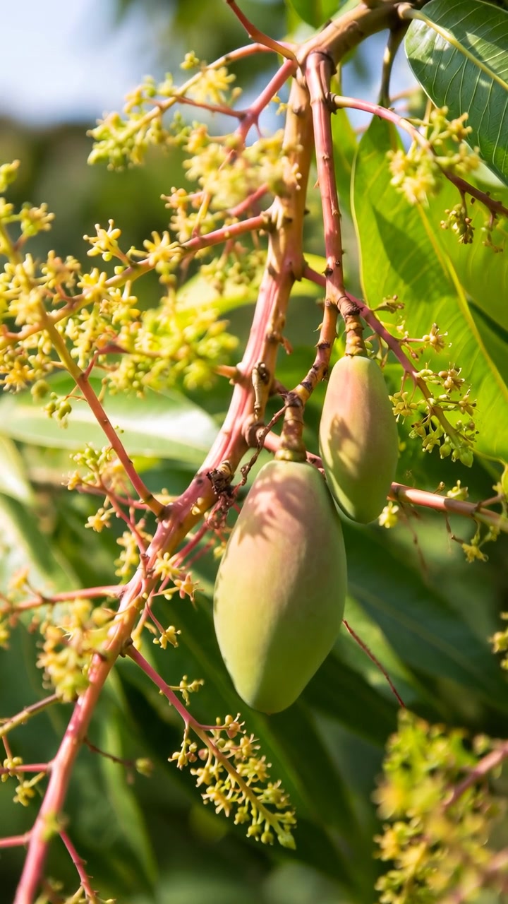 Una lenta spinta verso un frutto di mango verde su un ramo fiorito porta in primo piano bucce lisce, ramoscelli rossastri, fiori pallidi e foglie lucide sotto la brillante luce solare naturale e una leggera sfocatura dello sfondo.