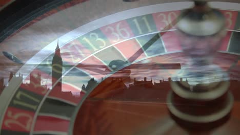 roulette scrolling with a clock rotating on cityscape