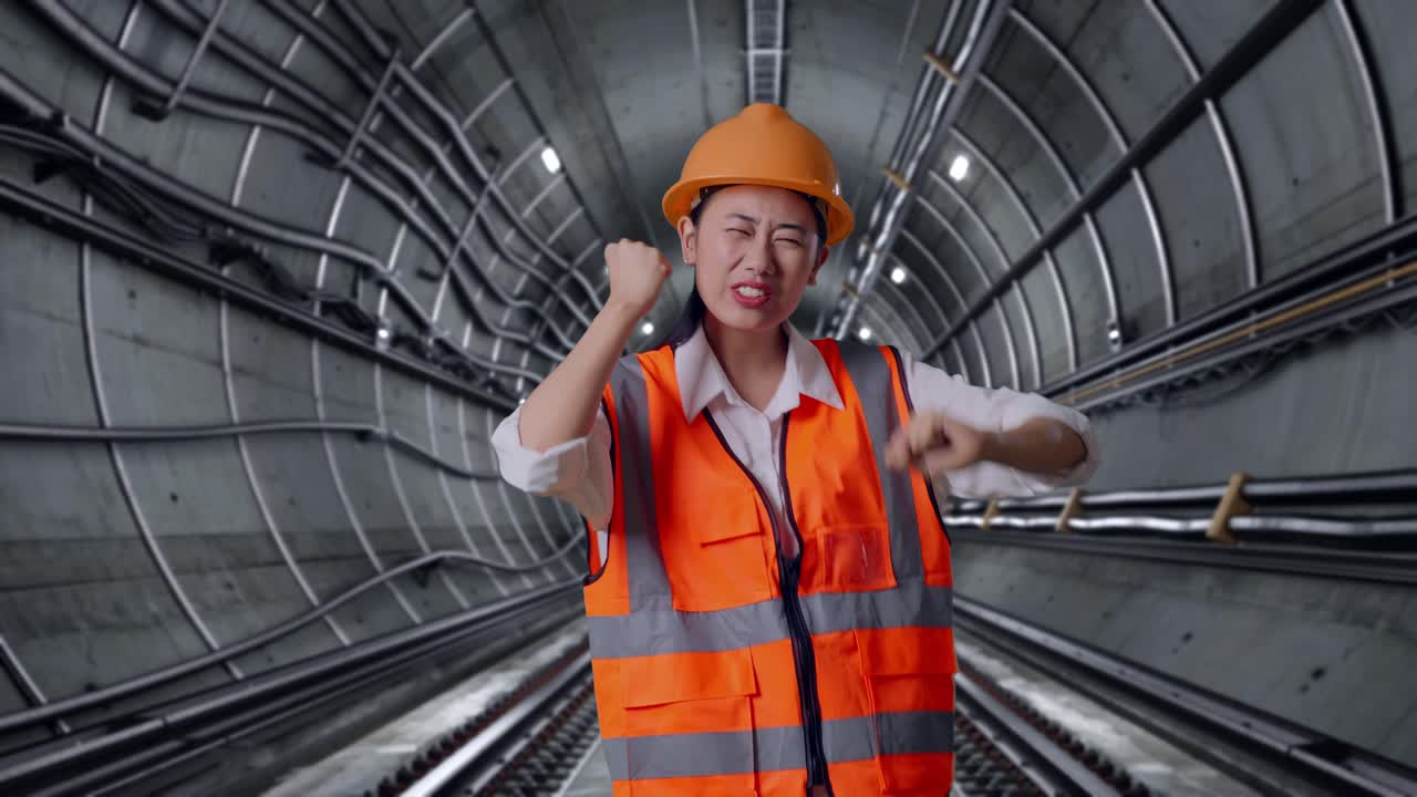 Happy Construction Worker in a Tunnel
