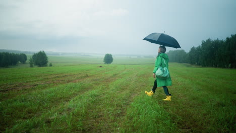 woman in green raincoat, walking through a misty green field carrying a mint-colored bag and open umbrella,the wide landscape is framed by scattered bushes, trees, and a cloudy sky