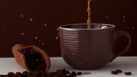 sugar cube falling into brown coffee cup