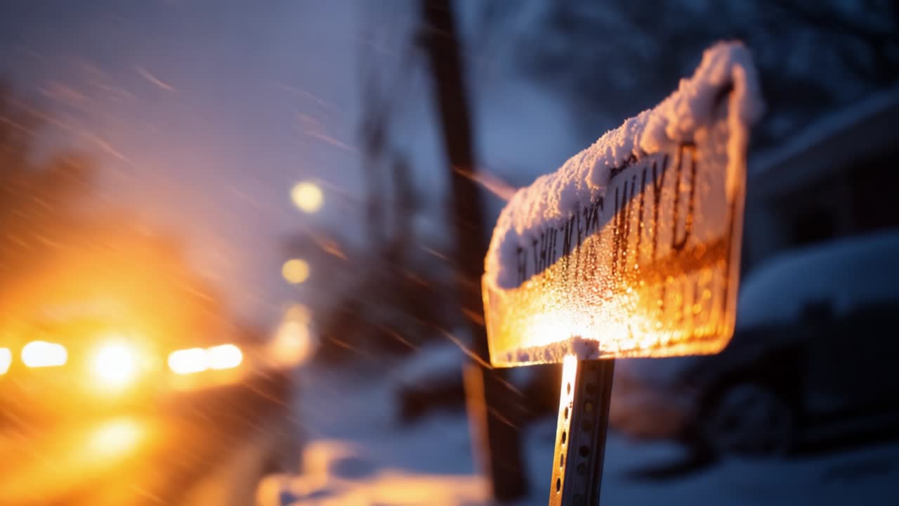A Serene Winter's Night: A Snow-Covered Street Sign Illuminated by Warm Glows of Passing Cars Amidst a Snowstorm, Capturing the Tranquility and Beauty of a Winter Evening