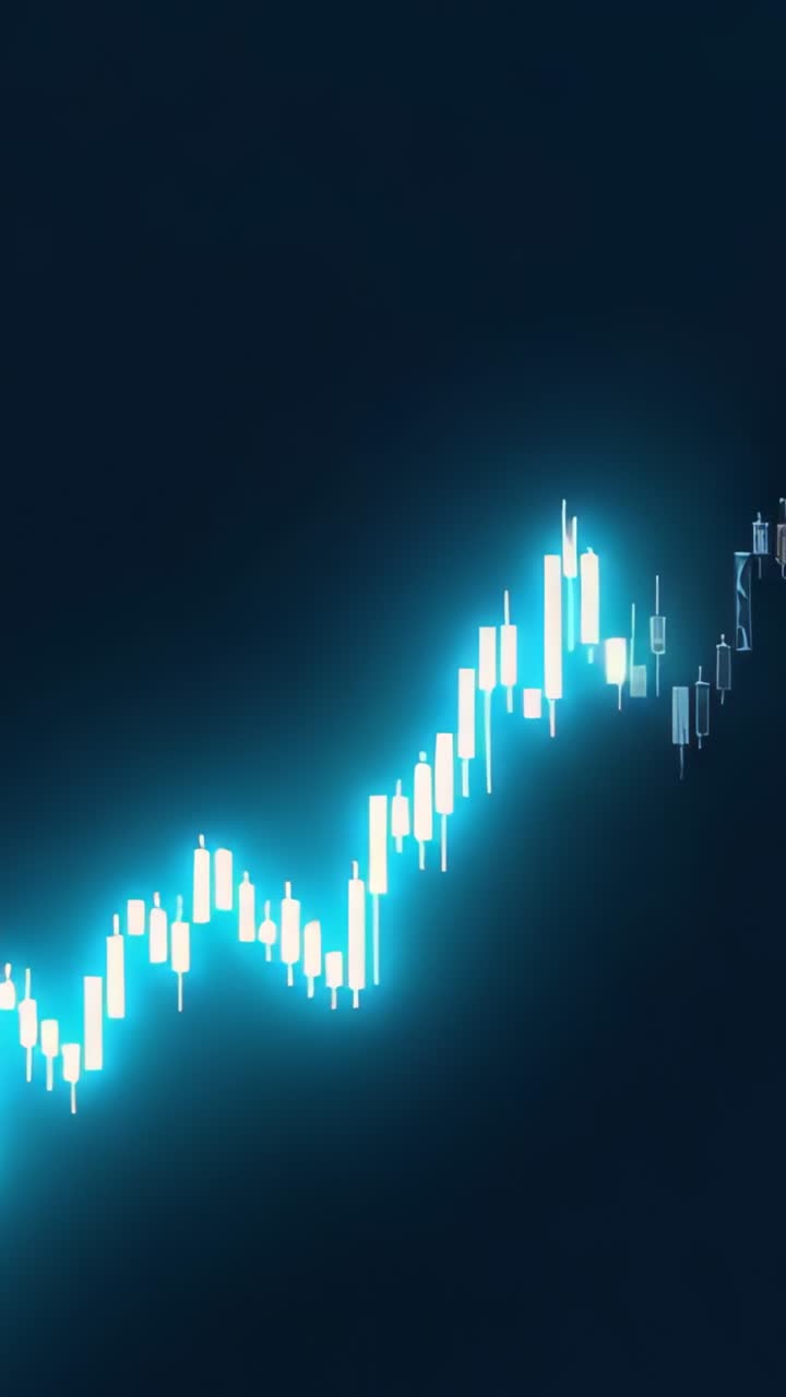 Vertical video: Highlighting uptick cyan candlestick chart sweeping across navy dashboard for rally