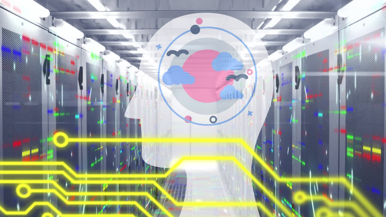 서버  위에 태양과 다채로운 모양을 가진 머리의 애니메이션