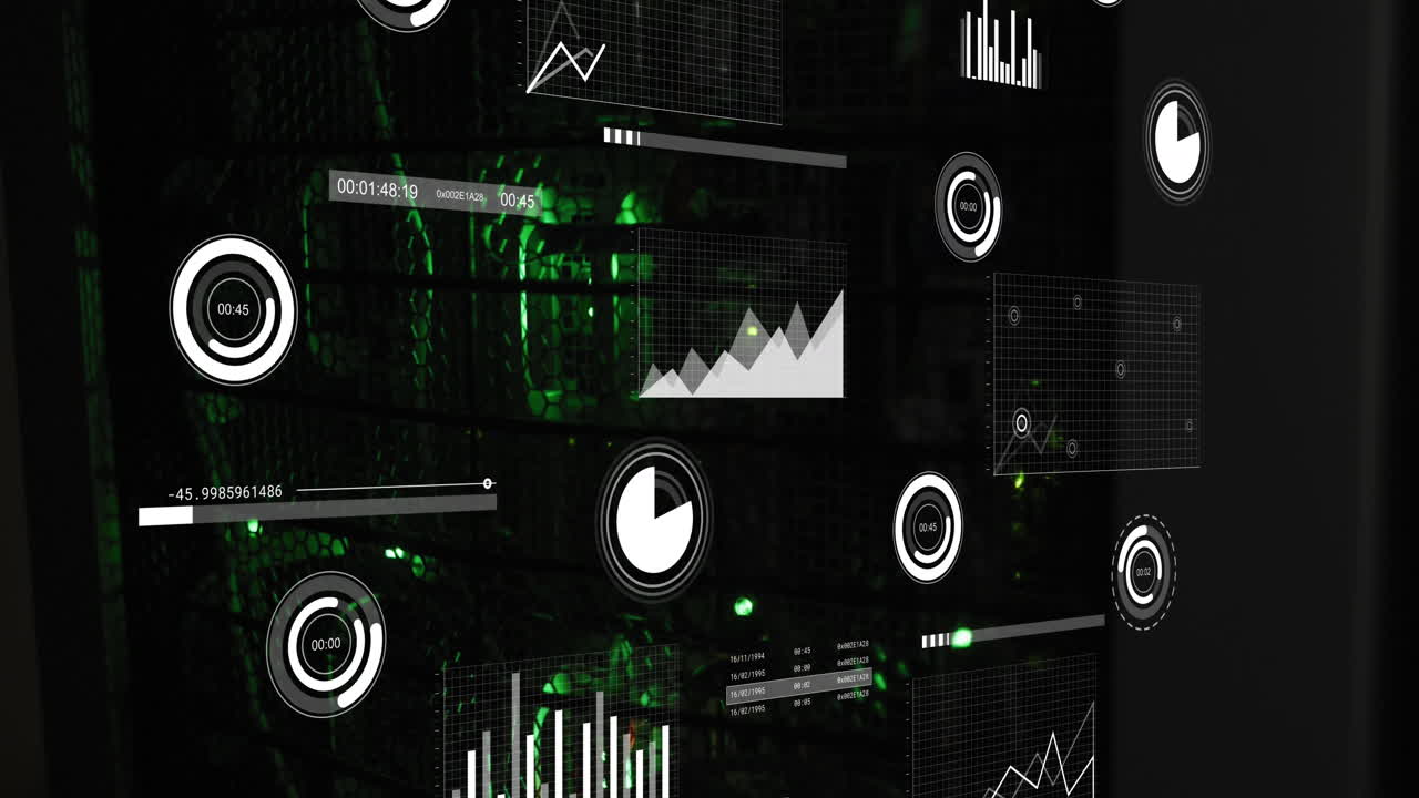 Graphs and charts processing data over green servers in dark computer server room