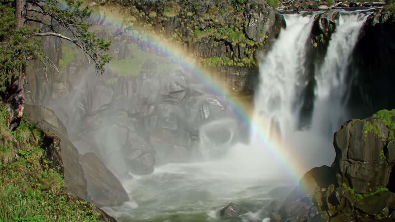 Majestic Waterfall Surrounded by a Vibrant Rainbow and Lush Greenery in a Serene Natural Landscape