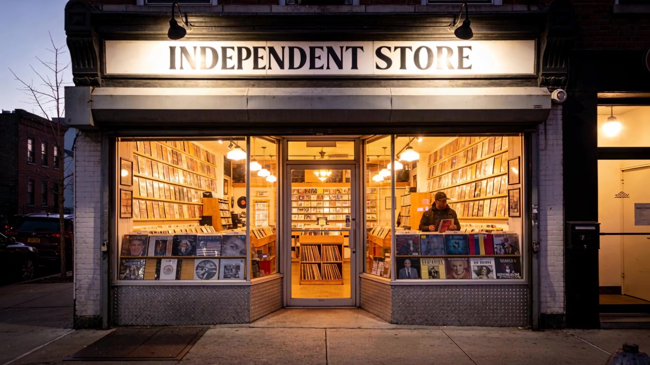 Sorting at dusk, clerk arranging records in bin at INDEPENDENT STORE, passersby in puffers walking