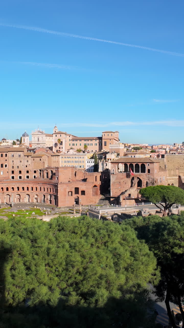 Panoramic view of the ancient buildings of Trajans Market in Rome, Italy. Vertical