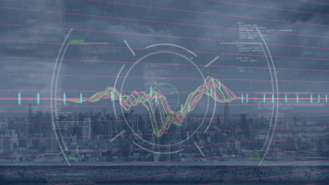 animation of scope scanning over data processing against aerial view of cityscape