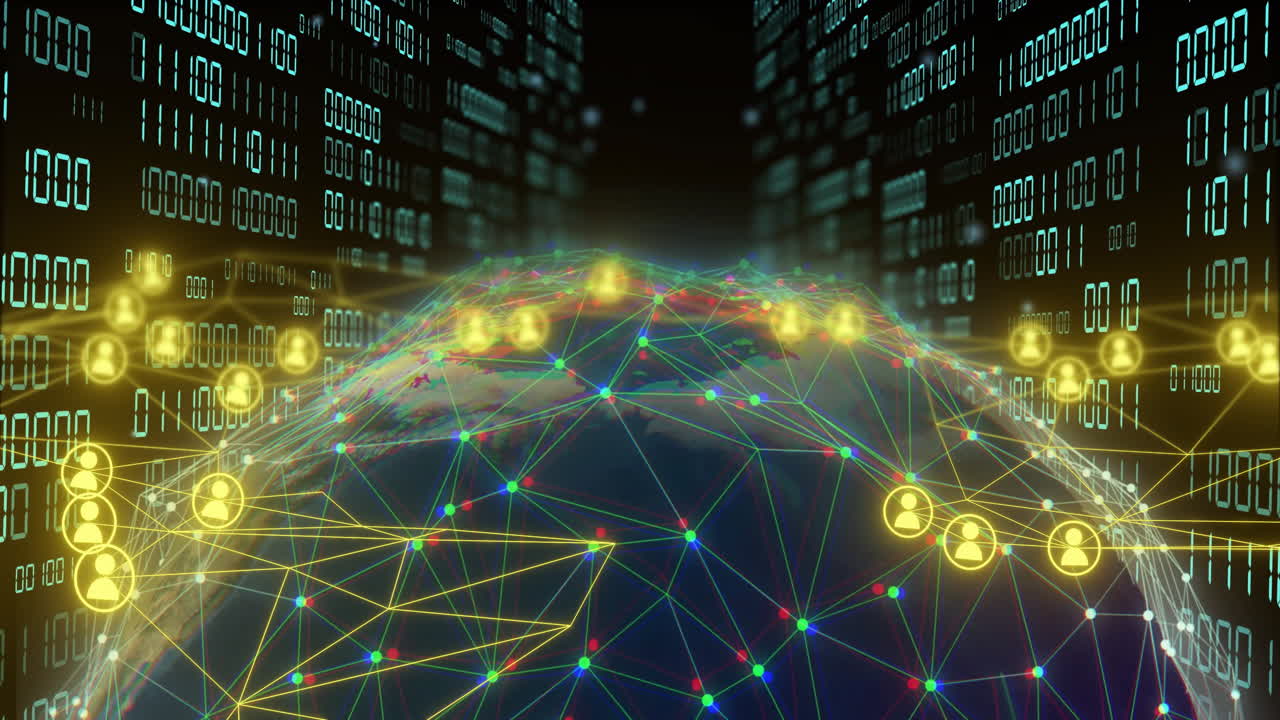 Digital network connections and binary code animation over globe with glowing nodes