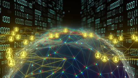 connessioni di rete digitali e animazione di codice binario su tutto il globo con nodi luminosi