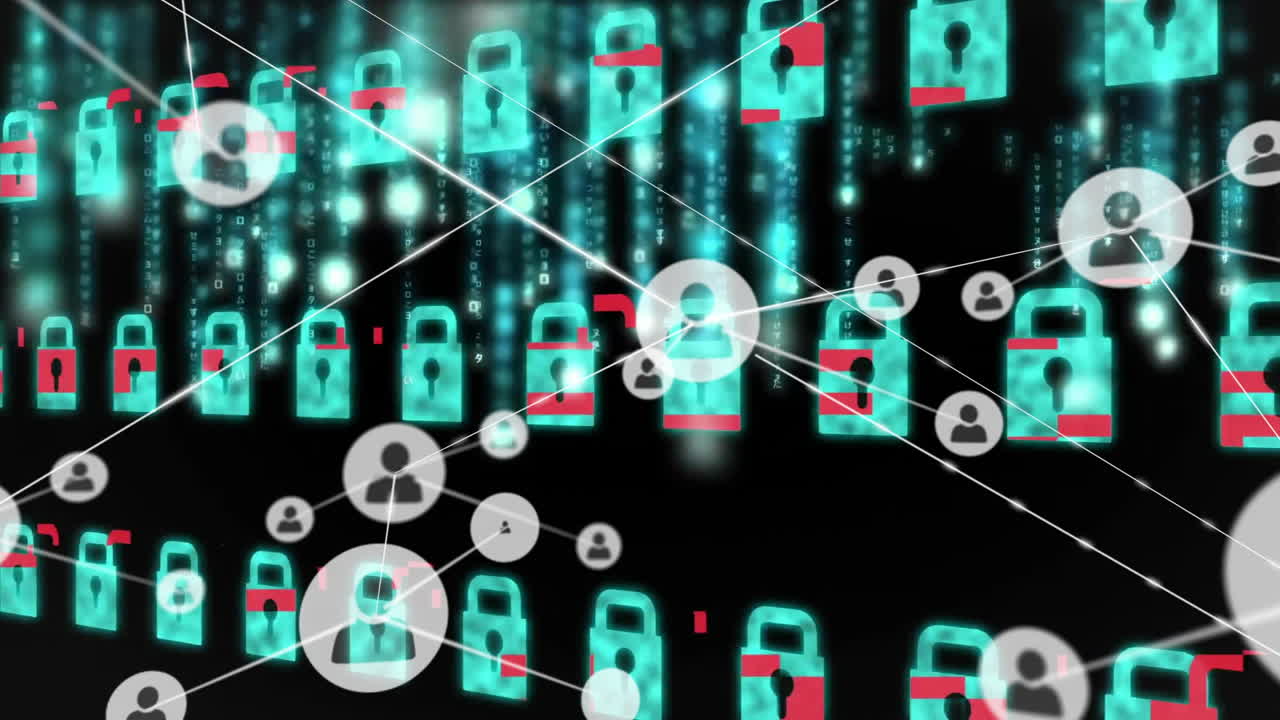 Network of connections and data processing animation over digital security icons