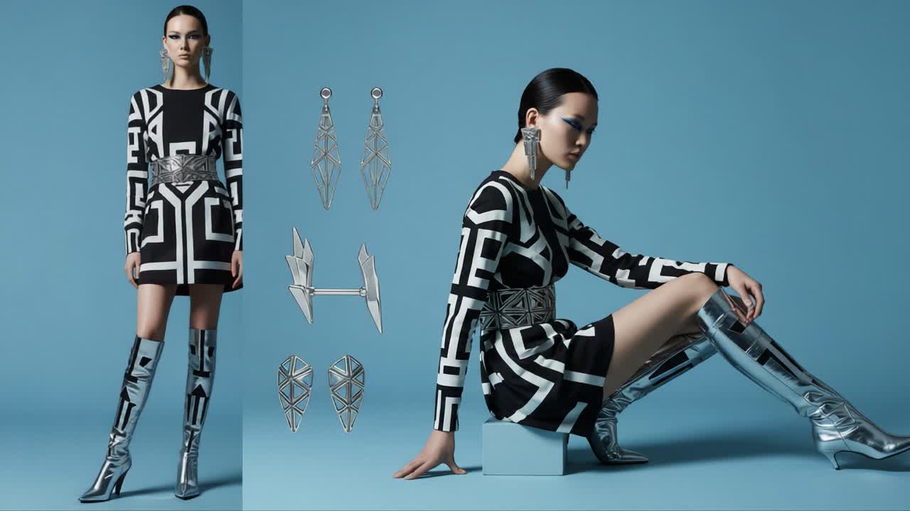 A Stunning Fashion Editorial Showcasing a Model in a Chic Black and White Geometric Dress with Eye-Catching Metallic Accessories Against a Soft Blue Background