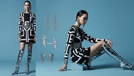 a stunning fashion editorial showcasing a model in a chic black and white geometric dress with eye-catching metallic accessories against a soft blue background