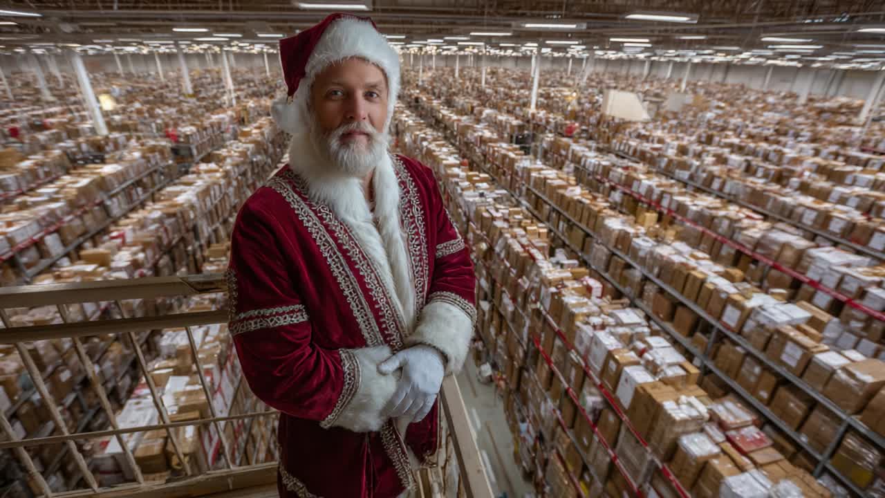 A Festive Figure in a Massive Warehouse: An Enigmatic Santa Claus Overseeing a Vast Landscape of Parcels During the Holiday Season, Symbolizing Christmas Cheer and the Joy of Giving