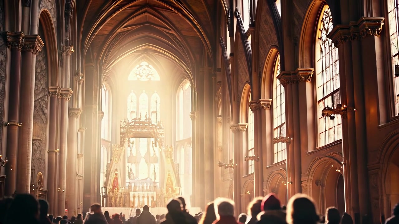 Congrégation assistant à un service dans une cathédrale gothique ensoleillée