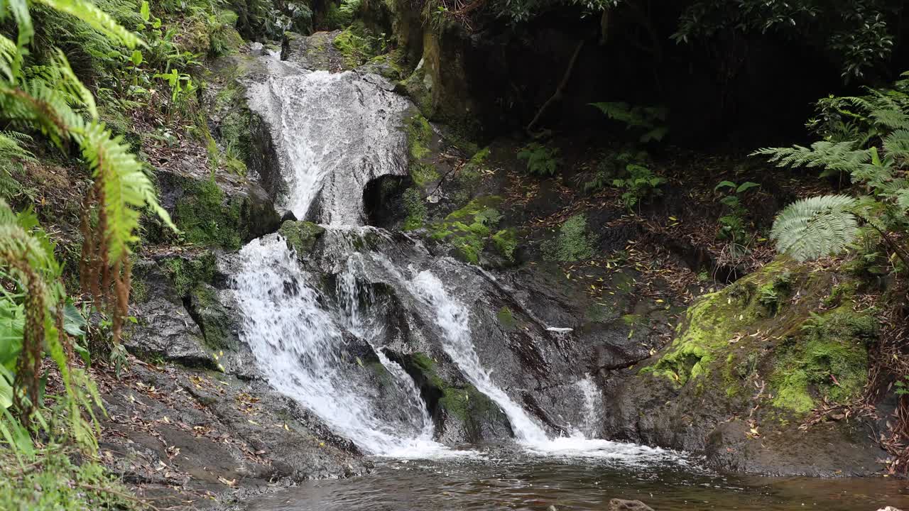 cascada que cae por la pared de roca en el parque das frechas, portugal - ancho