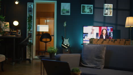 empty contemporary studio apartment with modern decorations and equipment for a young adult, minimalist space decorated with led neon lights. cozy urban loft with a home theatre setup.