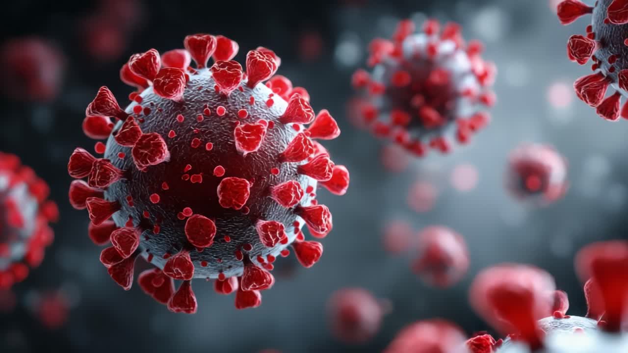 Una vista ravvicinata delle particelle del virus COVID-19 che ne evidenzia la struttura e la diffusione in un'illustrazione microscopica dettagliata degli effetti della pandemia.