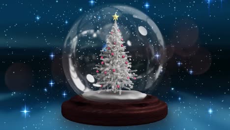 Animation-of-glass-ball-with-christmas-tree,-stars-falling-over-dark-background