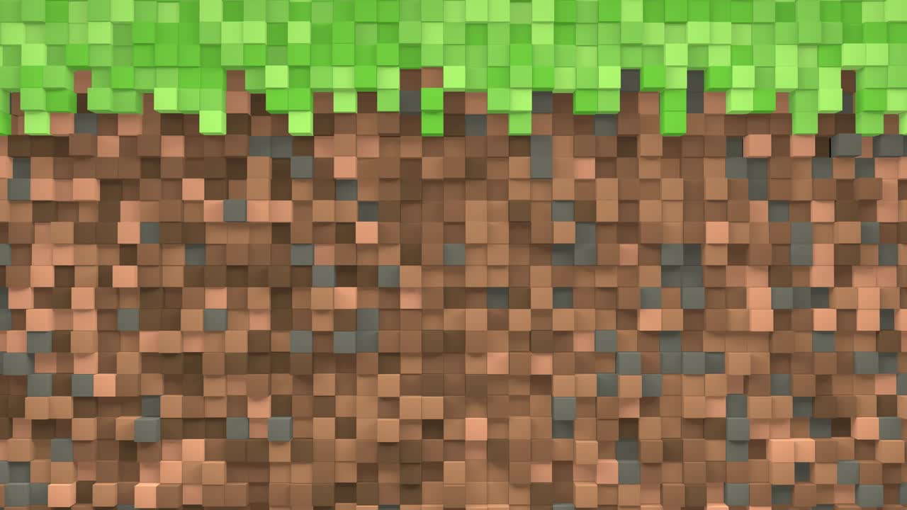 3d cubos abstractos. patrón de ondas de mosaico geométrico isométrico de videojuegos. construcción de paisajes de colinas utilizando bloques de hierba marrón y verde. bucle de animación 3d de 4k