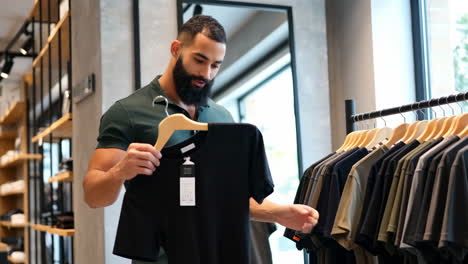 man shopping for t-shirts in a clothing store