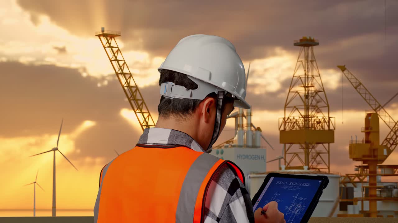Close Up Back View Of Asian Male Engineer With Safety Helmet Design Wind Turbine  Blueprint On A Tablet With Offshore Hydrogen Production