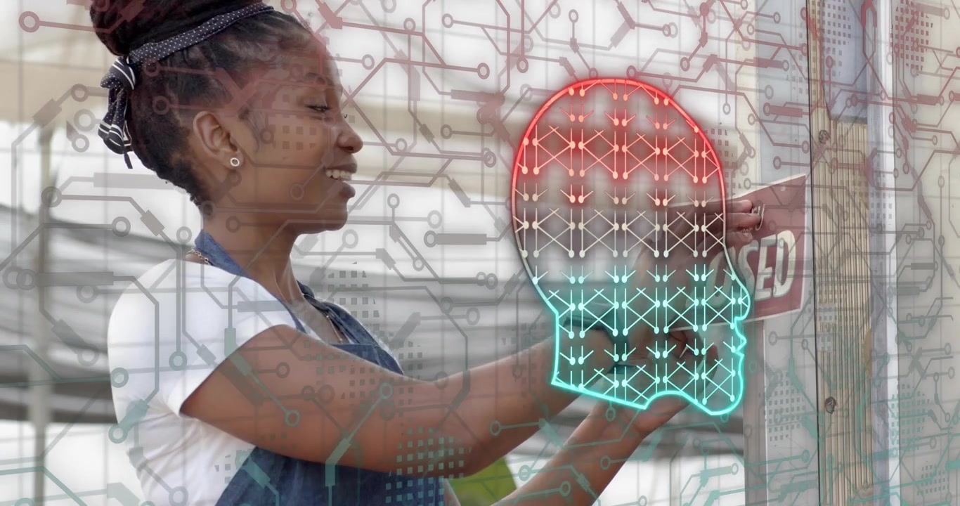 Propriétaire de magasin retournant le panneau "fermé", activant une superposition de cerveau néon sur une vitrine de circuit, ouvrant le magasin.