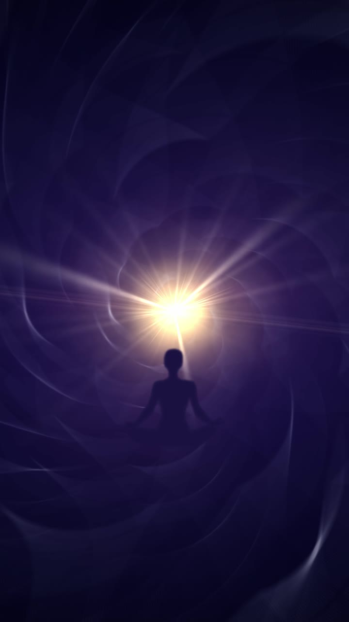 Animación de una persona en posición de loto meditando para el despertar espiritual y la curación de chakras con energía kundalini