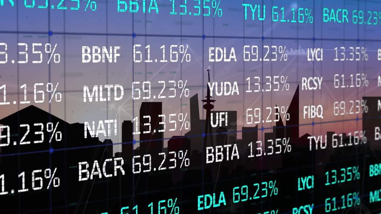 Animasjon av finansdatabehandling over byen