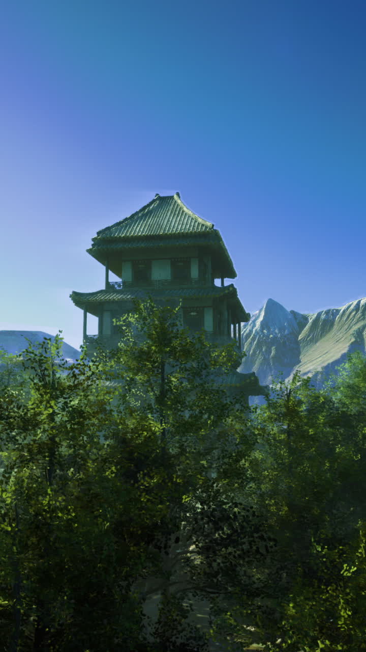 Scenic view of a traditional tower nestled among lush green trees