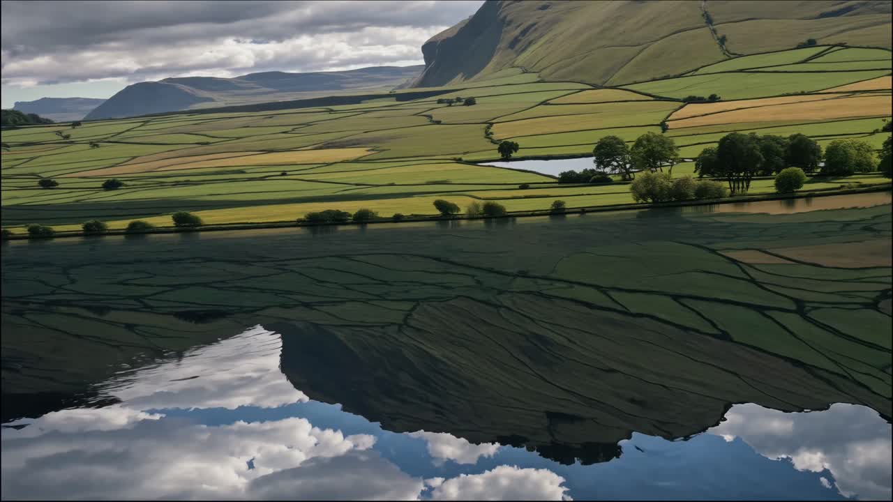 Aerial view of a patchwork landscape with fields and a lake, reflecting clouds