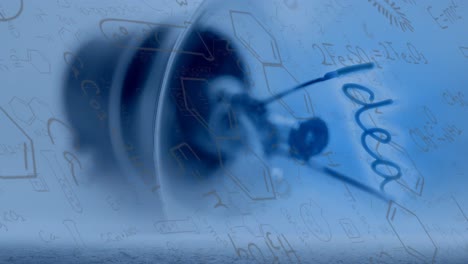 animación de fórmulas químicas en fondo azul con bombilla