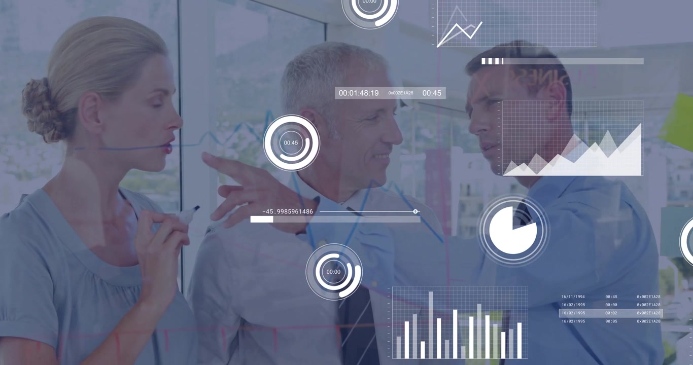 Woman lifting marker and drawing on glass, team pointing as HUD charts growing for business review